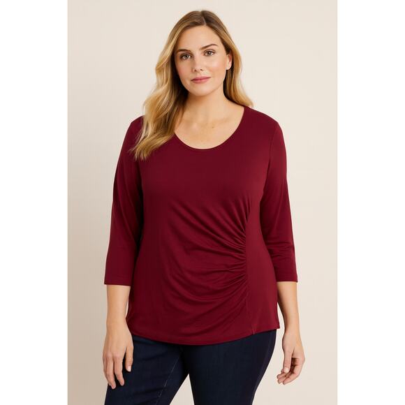 Soft Surroundings Maroon 3/4 Sleeve Scoop Neck Tee with Gathered Front–Size M - Picture 3 of 5
